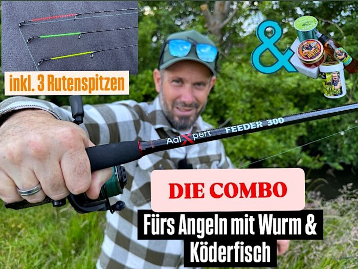 DIE COMBO fürs Aal- und Zanderangeln: AalXpert Feeder-Rute, MonsterFree 4000 Freilaufrolle mit Schnur & Ewald‘s Bestes Mega Package